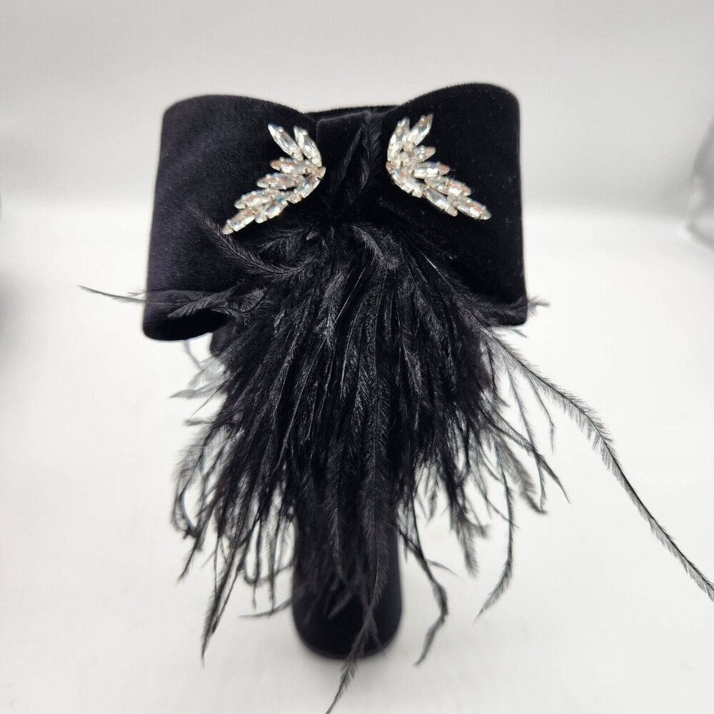 Antonio Melani Platform Sandals Size 7.5 Black Velvet feathers Rhinestone 663 - Picture 11 of 14
